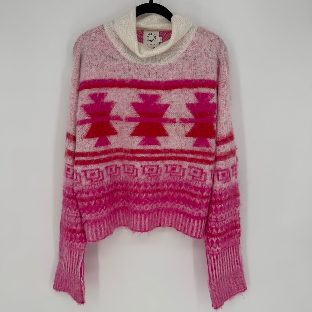 LILI SIDONIO TURTLENECK SWEATER PINK FAIR ISLE KNIT‎ LARGE WINTER JUMPER FUZZY